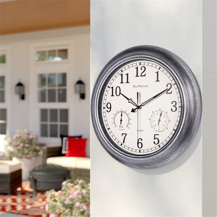 Large Outdoor Clock%2C Waterproof Outside Clock With Temperature   Humidity Gauge%2C Silent Battery Operated Metal Clock For Living Room%2C Bathroom%2C Garden%2C Patio   Pool Decor   18 Inch%2C Brush Silver 